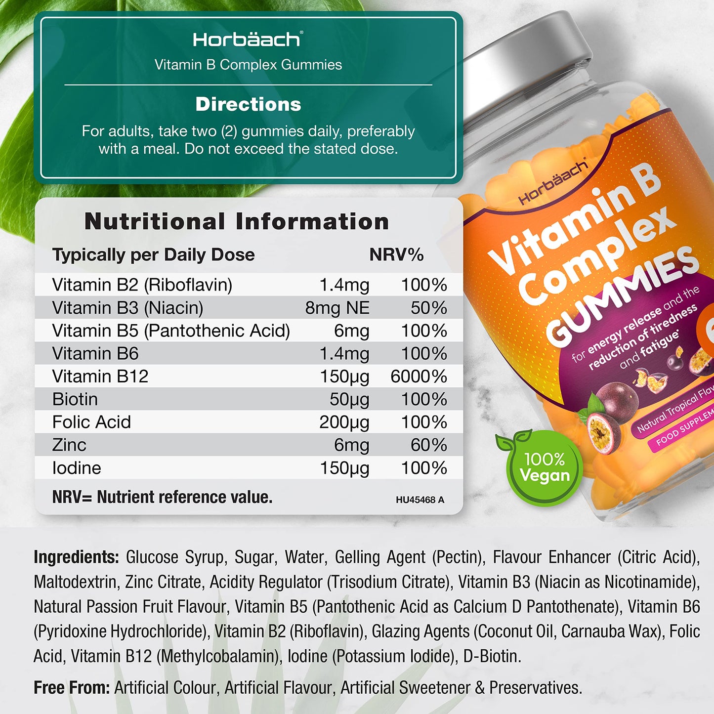 Vitamin B Complex Gummies | 60 Vegan Gummies - Tablet Alternative | High Strength B12, B6, B12, B2, B3, B5, Biotin, Folic Acid, Zinc and Iodine Supplement | by Horbaach