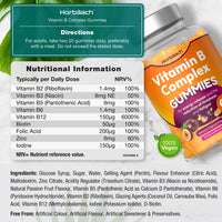 Vitamin B Complex Gummies | 60 Vegan Gummies - Tablet Alternative | High Strength B12, B6, B12, B2, B3, B5, Biotin, Folic Acid, Zinc and Iodine Supplement | by Horbaach