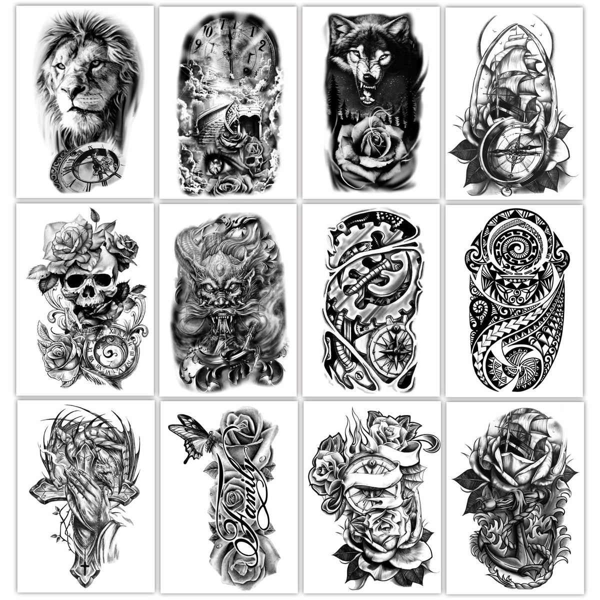 Yazhiji 36 Sheets Temporary Tattoos Stickers, 12 Sheets Fake Body Arm Chest Shoulder Tattoos for Men or Women with 24 Sheets Tiny Black Temporary Tattoos.