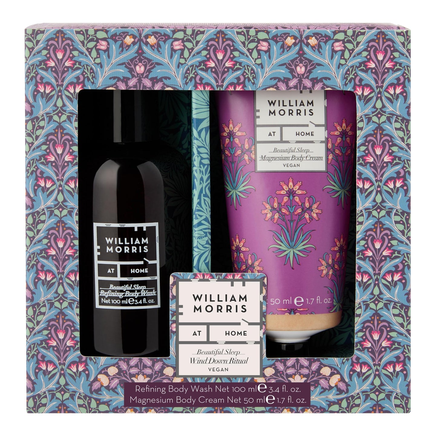 William Morris At Home Beautiful Sleep, Wind Down Ritual Of Refining Body Wash 100ml and Magnesium Body Cream 50ml, Travel Size and Vegan Friendly, Beauty Gift For Her, Christmas Stocking Filler