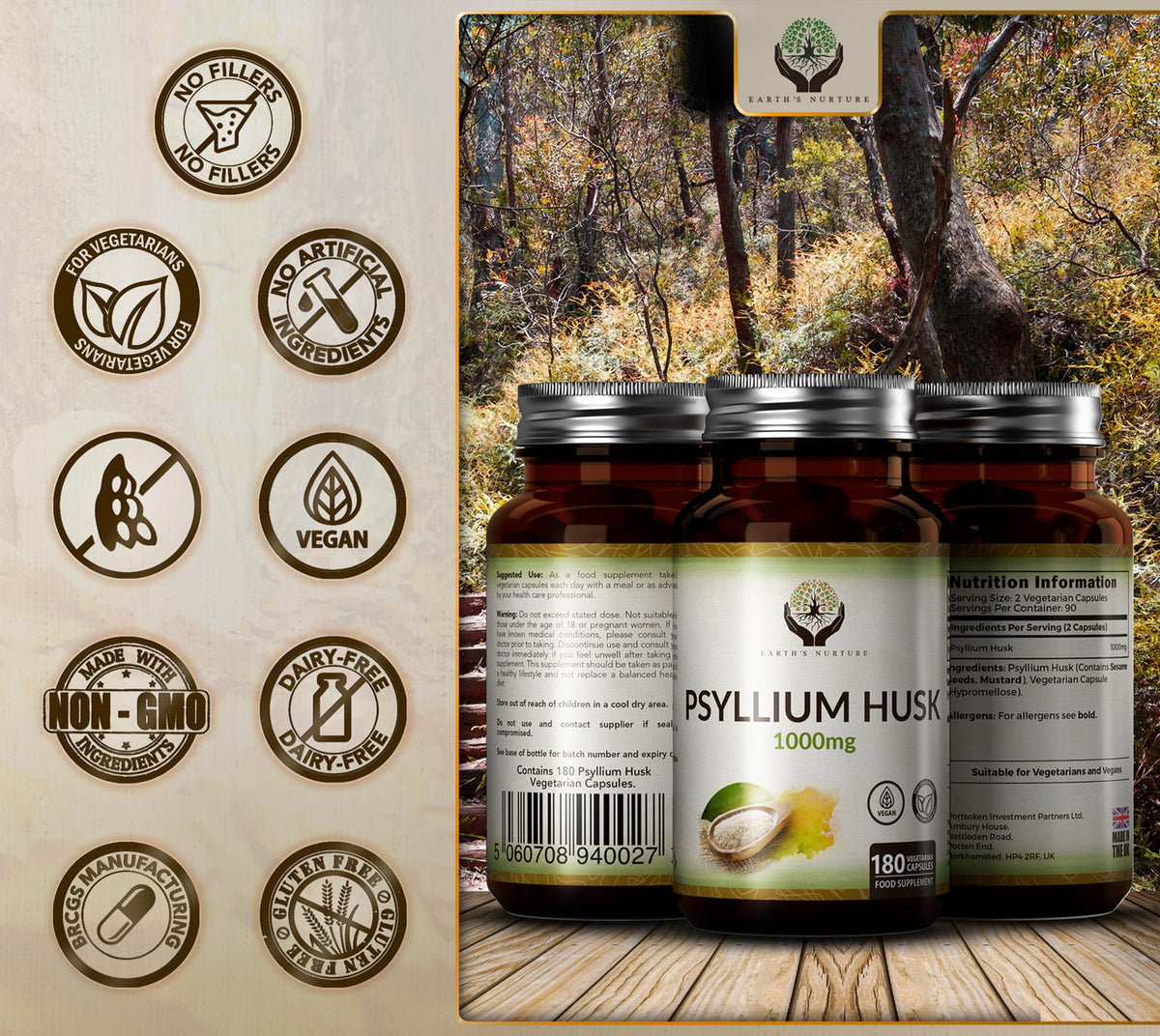 Earth's Nurture EN Psyllium Husk | 180 Fibre Supplement Psyllium Husks Capsules - 1000mg per Serving | High Strength Fiber Supplement with Psylium Husk Powder | Non-GMO & Allergen Free | Made in UK