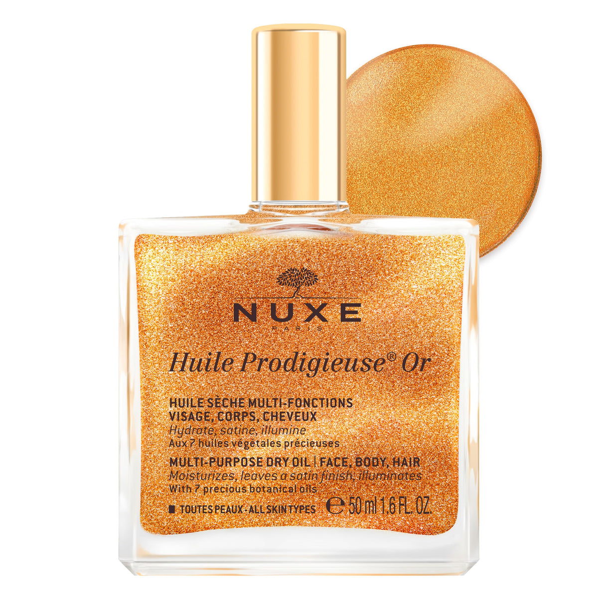 Nuxe Huile Prodigieuse Shimmering Dry Oil 50ml, Gold-Flecked Dry Oil, Illuminates & Softens Face, Body & Hair, Multi-Purpose Nourishment, Vegan Formula