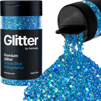 Hemway Ocean Blue Holographic Glitter Multi-Size 120g/4.2oz Metallic Resin Craft Glitter Flake Sequins for Epoxy Tumblers Hair Face Body Eye Glitter Nail Art Festival DIY Party Decorations