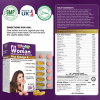 VitaGenerics VITAGENERICS FitWoman Multivitamin & Minerals Plus Omega 3, 30 Tablets Plus 30 Capsules, with Zinc, Iron & B Vitamins, Made in UK