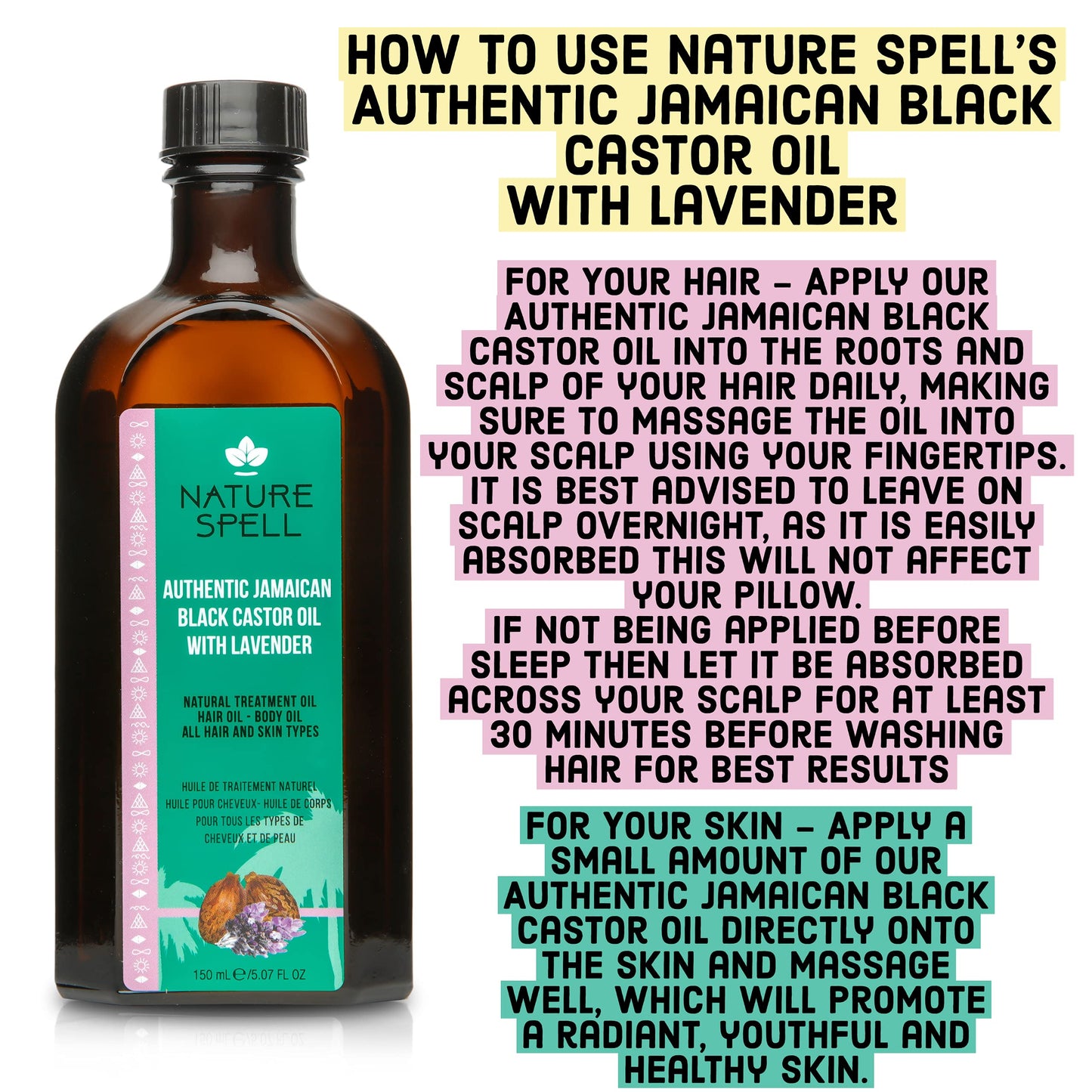 Nature Spell Authentic Jamaican Black Castor Oil with Lavender for Hair & Body 150 ml - Strengthen Hair Roots - Treat Dry and Damaged Hair