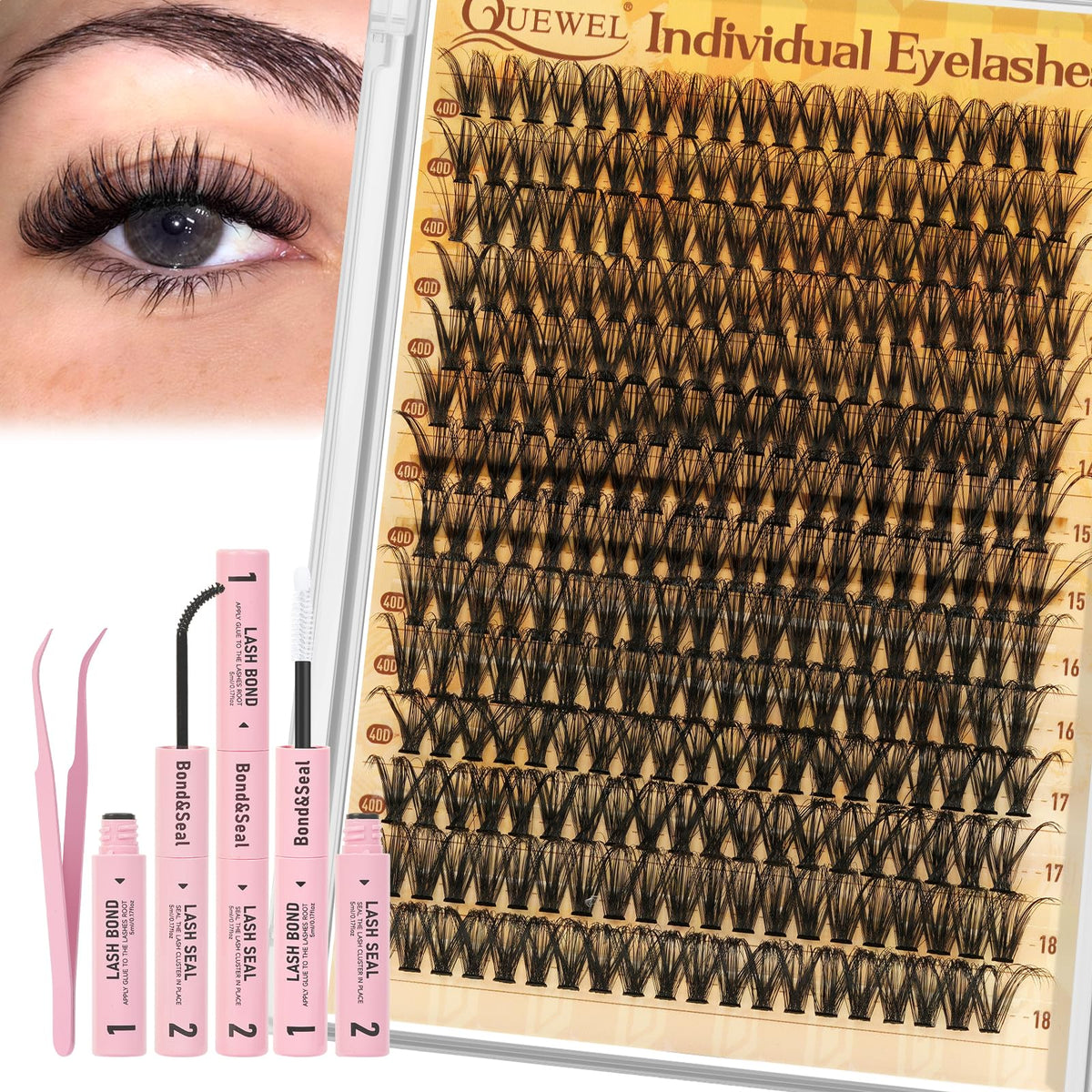 QUEWEL Cluster-Lashes Kit, 40D Individual-Eyelashes with Waterproof Lash Bond & Seal, 280PCS D Curl Lashes Individual Cluster Kit for Beginners DIY Lash Extension at Home (LS-40D-KIT)