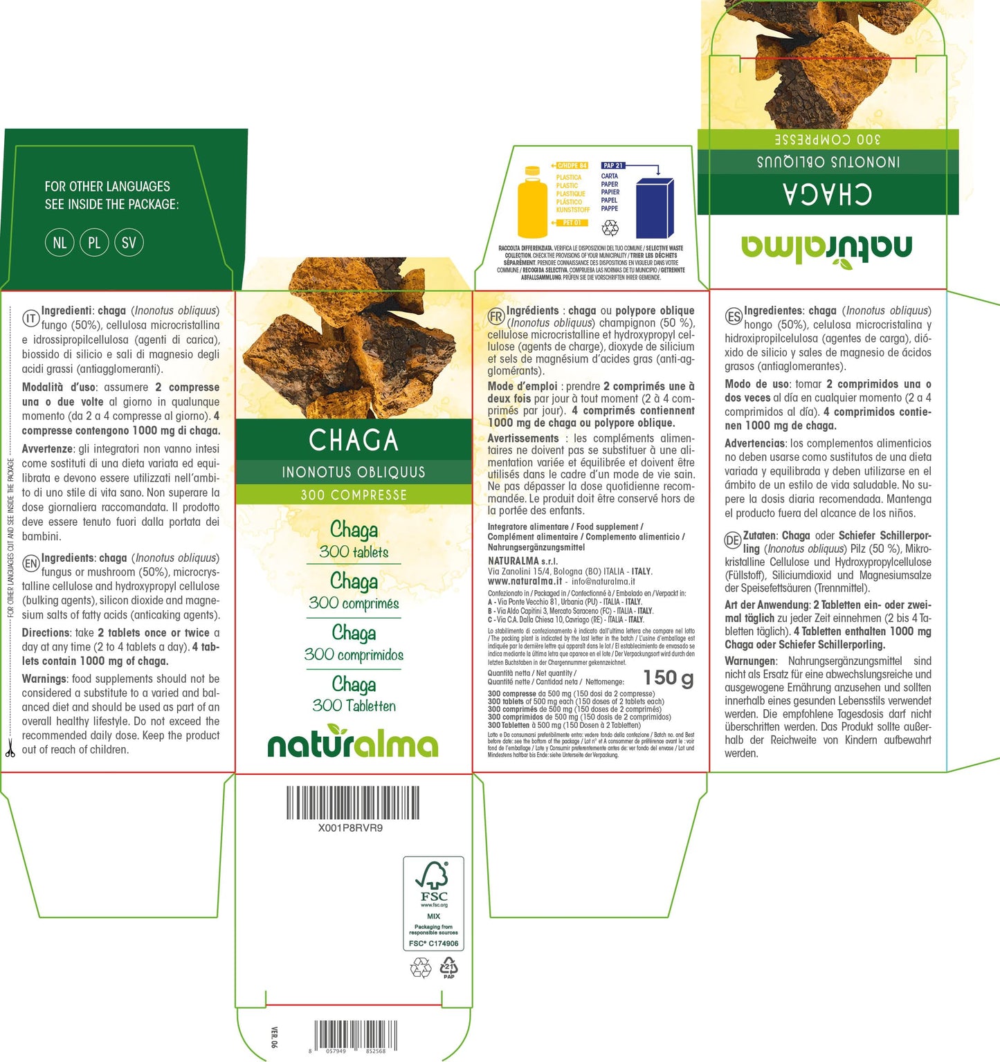 Chaga (Inonotus obliquus) fungus or mushroom Naturalma - 150 g - 300 tablets - Food supplement - Natural and Vegan