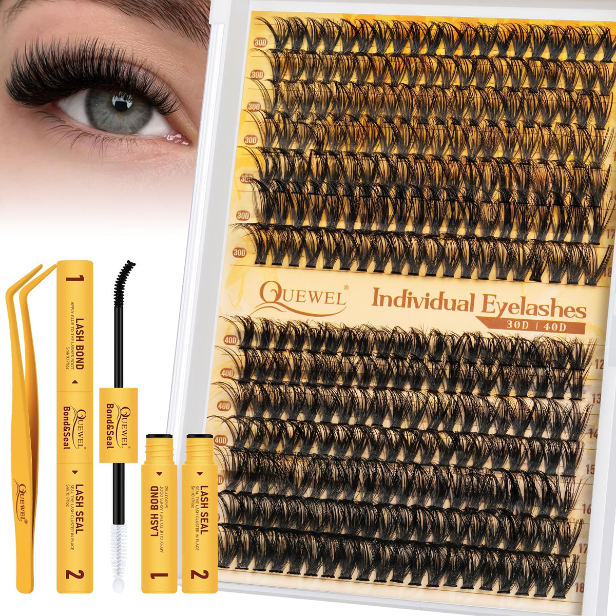QUEWEL Individual-Eyelashes Kit 280Pcs Cluster Lashes Kit, DIY Lash Extension D Curl Lashes Individual Cluster with Lash Bond and Seal and Lash Tweezers (DJ-30D+40D KIT)