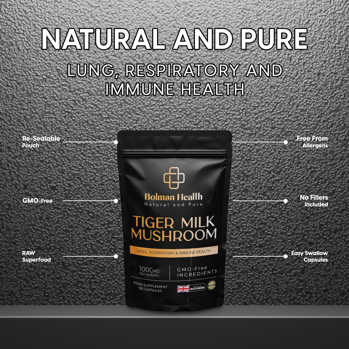 Bolman Health Tiger Milk Mushroom Capsules | 1000mg Lignosus Rhinocerotis | Standardised to 30% Polysaccharides | Supports Lung & Immune Function | 60 Vegan Capsules | Non-GMO | Gluten-Free