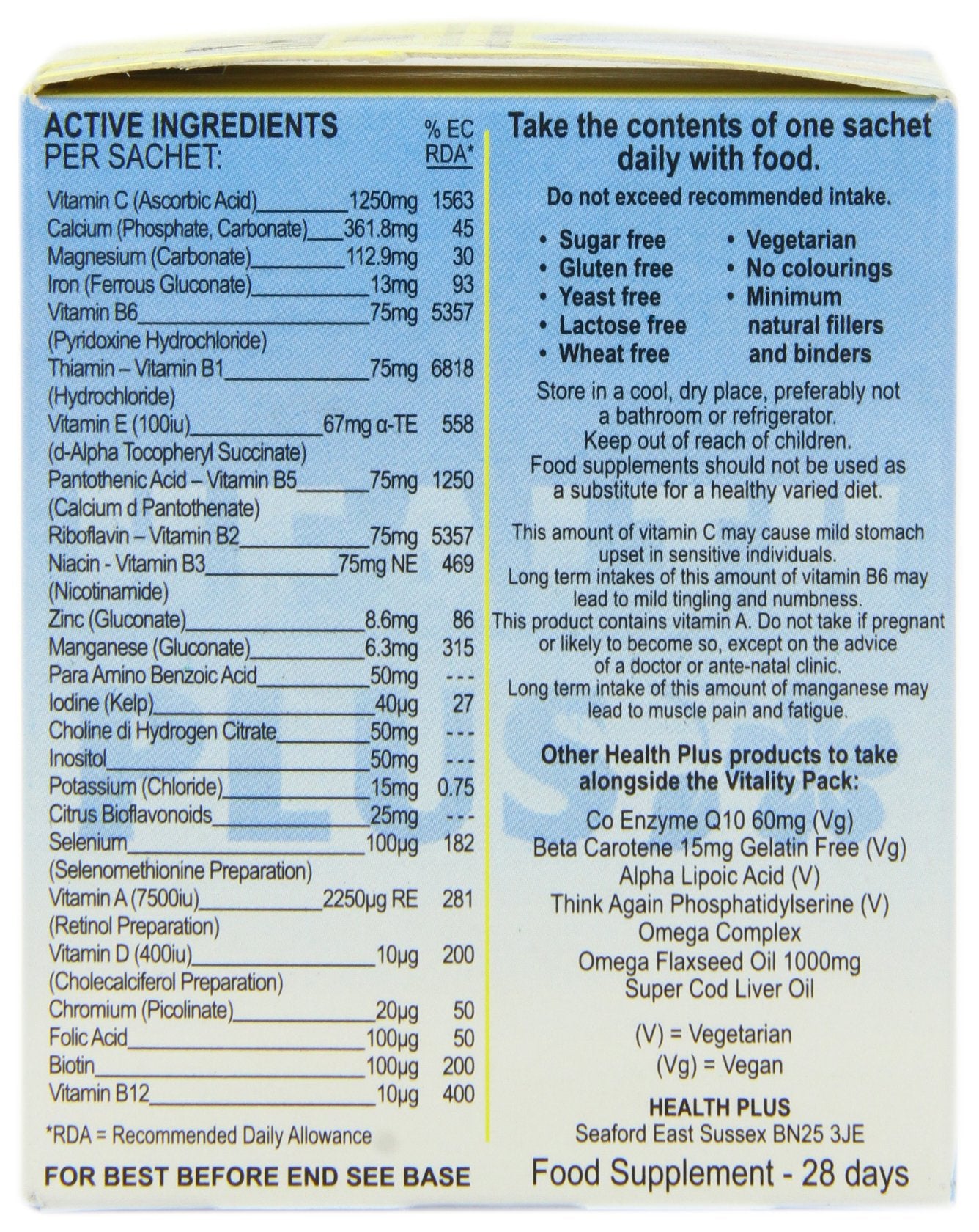 Health Plus Vitality Pack General Well-being and Vitality Multivitamin And Mineral Daily Supplement - 28 Day Supply