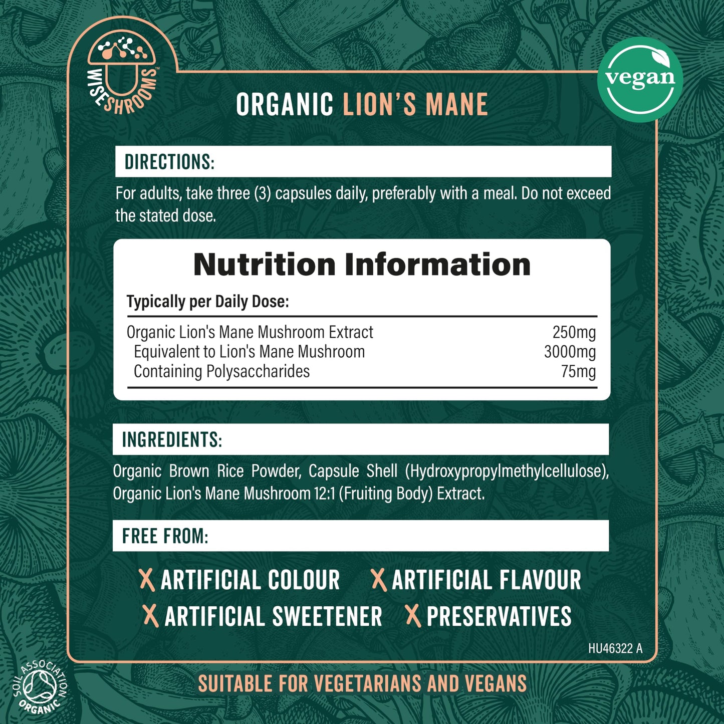 Lions Mane Supplement 3000mg | Organic | High Strength Mushroom Supplement | from Fruit Body | 90 Vegan Capsules | by Wiseshrooms