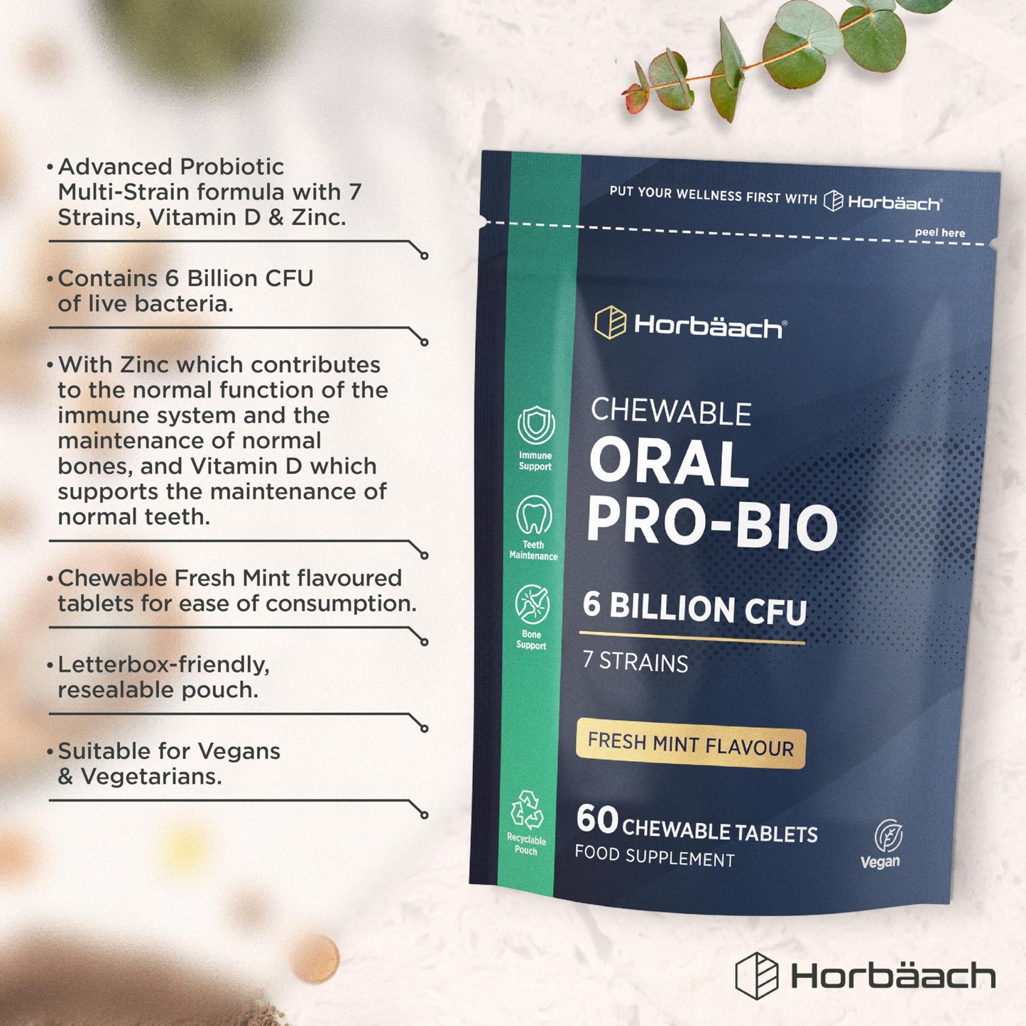 Horbäach Oral ProBio for Mouth 6 Billion CFU | Advanced Dental Biotics for Adults | 7 Strains Including Lactobacillus Reuteri | 60 Vegan Chewable Tablets | Mint Flavour | by Horbaach