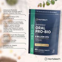 Horbäach Oral ProBio for Mouth 6 Billion CFU | Advanced Dental Biotics for Adults | 7 Strains Including Lactobacillus Reuteri | 60 Vegan Chewable Tablets | Mint Flavour | by Horbaach