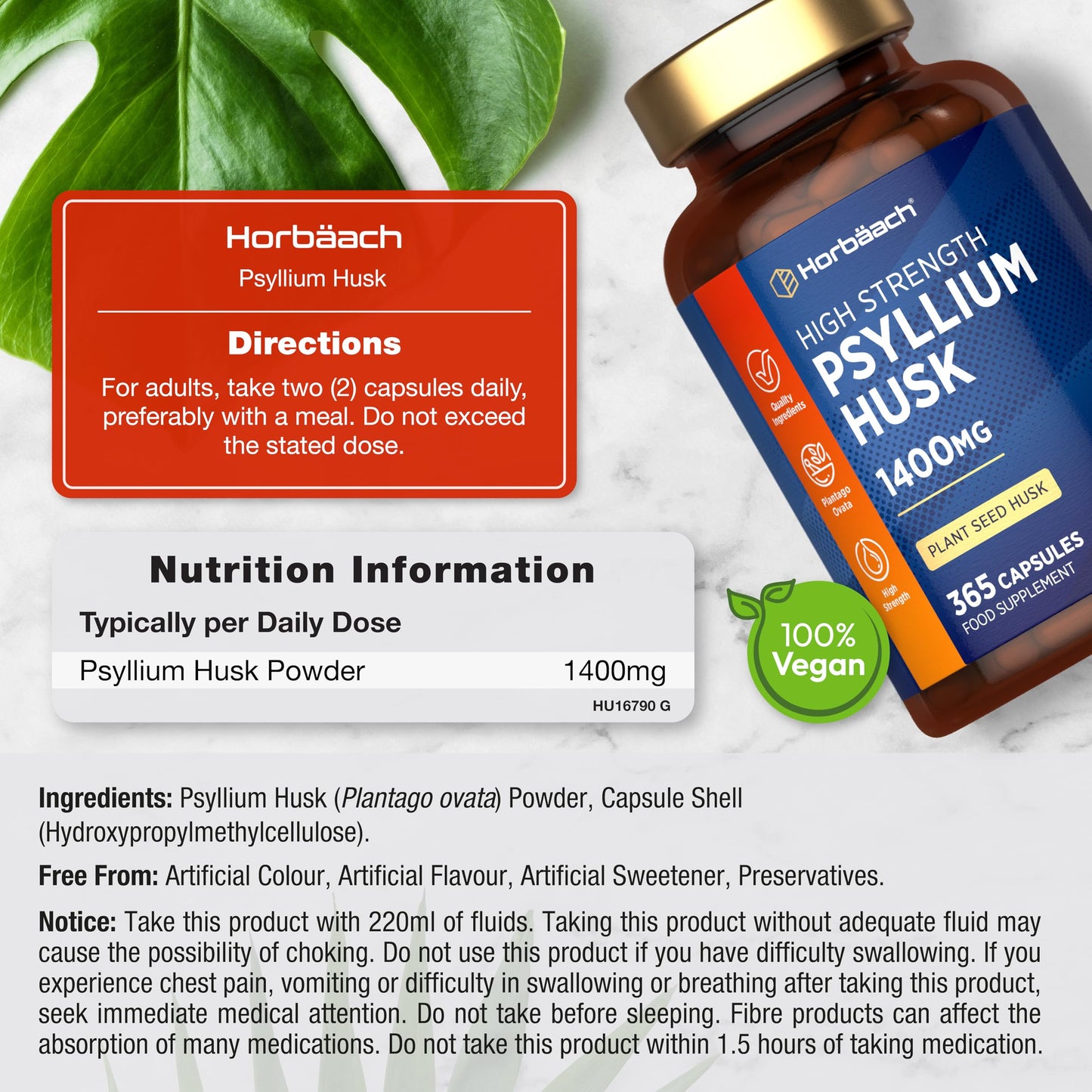 Horbäach Psyllium Husk Capsules 1400mg | Fibre Supplement | 365 Vegan Capsules (6-Month Supply) | High Strength Psyllium Husk Powder | Natural Prebiotic | by Horbaach