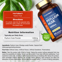 Horbäach Psyllium Husk Capsules 1400mg | Fibre Supplement | 365 Vegan Capsules (6-Month Supply) | High Strength Psyllium Husk Powder | Natural Prebiotic | by Horbaach