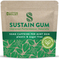 Caffeine Bullet Sustain Caffeine Gum - Natural Mint Energy. 72 Pieces, 50 mg each - Biodegradable, Sugar-Free, Contains Xylitol, Plant-Based & Plastic Free with No Aspartame - 6 Packets