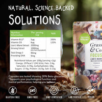 Grass & Co. | Focus Lion’s Mane Nootropic Powder | 2000mg Lion’s Mane, 1000mg Ginseng & Vegan Omega-3 | Brain Boost, Memory & Caffeine-Free Alertness | 46 Servings