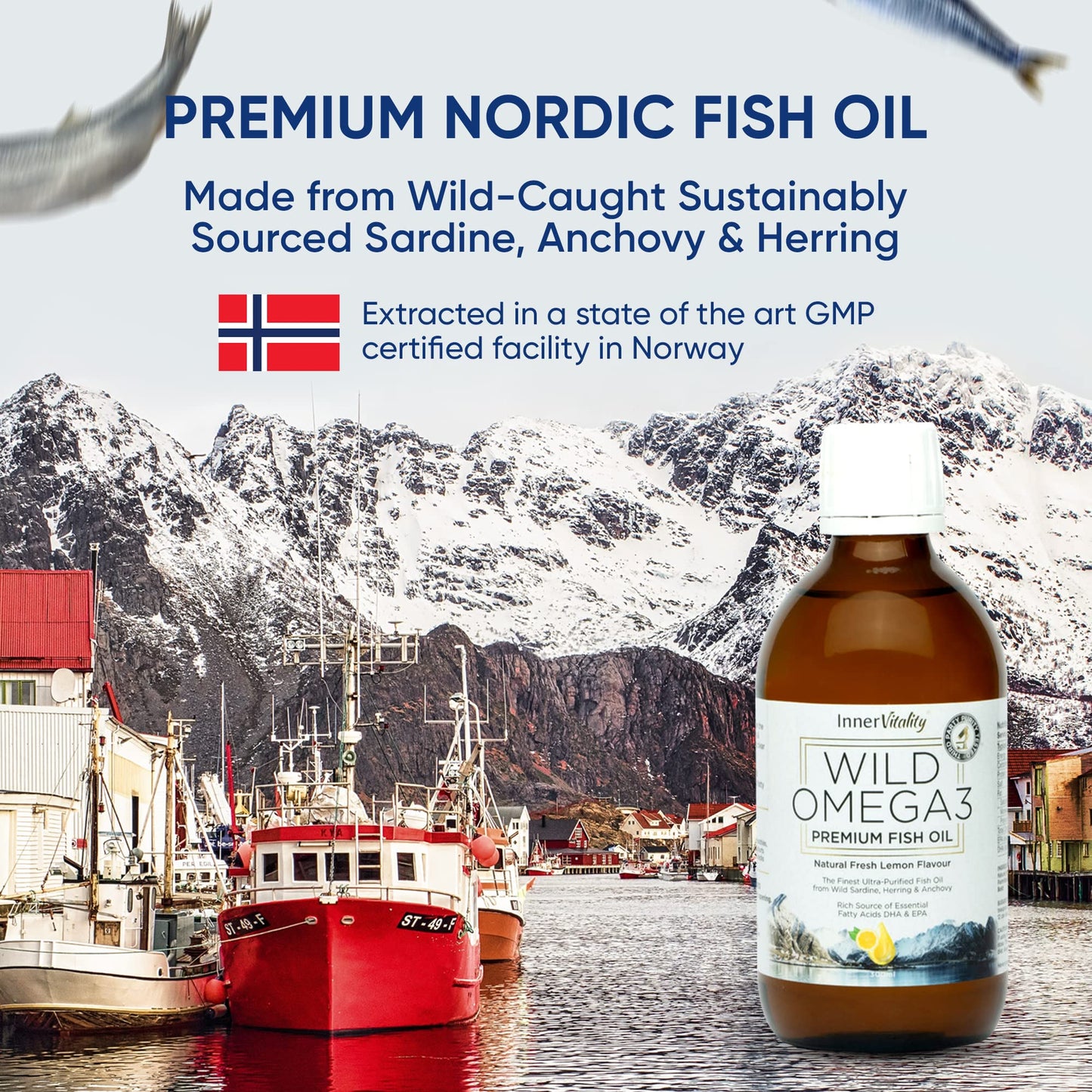 Omega 3 Fish Oil Liquid - Natural Fresh Lemon Flavour with NO Fishy Taste, High Strength DHA/EPA - 200ml Made from Wild Caught Nordic Fish Oil | 3rd Party Tested for Purity - Inner Vitality