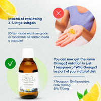 Omega 3 Fish Oil Liquid - Natural Fresh Lemon Flavour with NO Fishy Taste, High Strength DHA/EPA - 200ml Made from Wild Caught Nordic Fish Oil | 3rd Party Tested for Purity - Inner Vitality