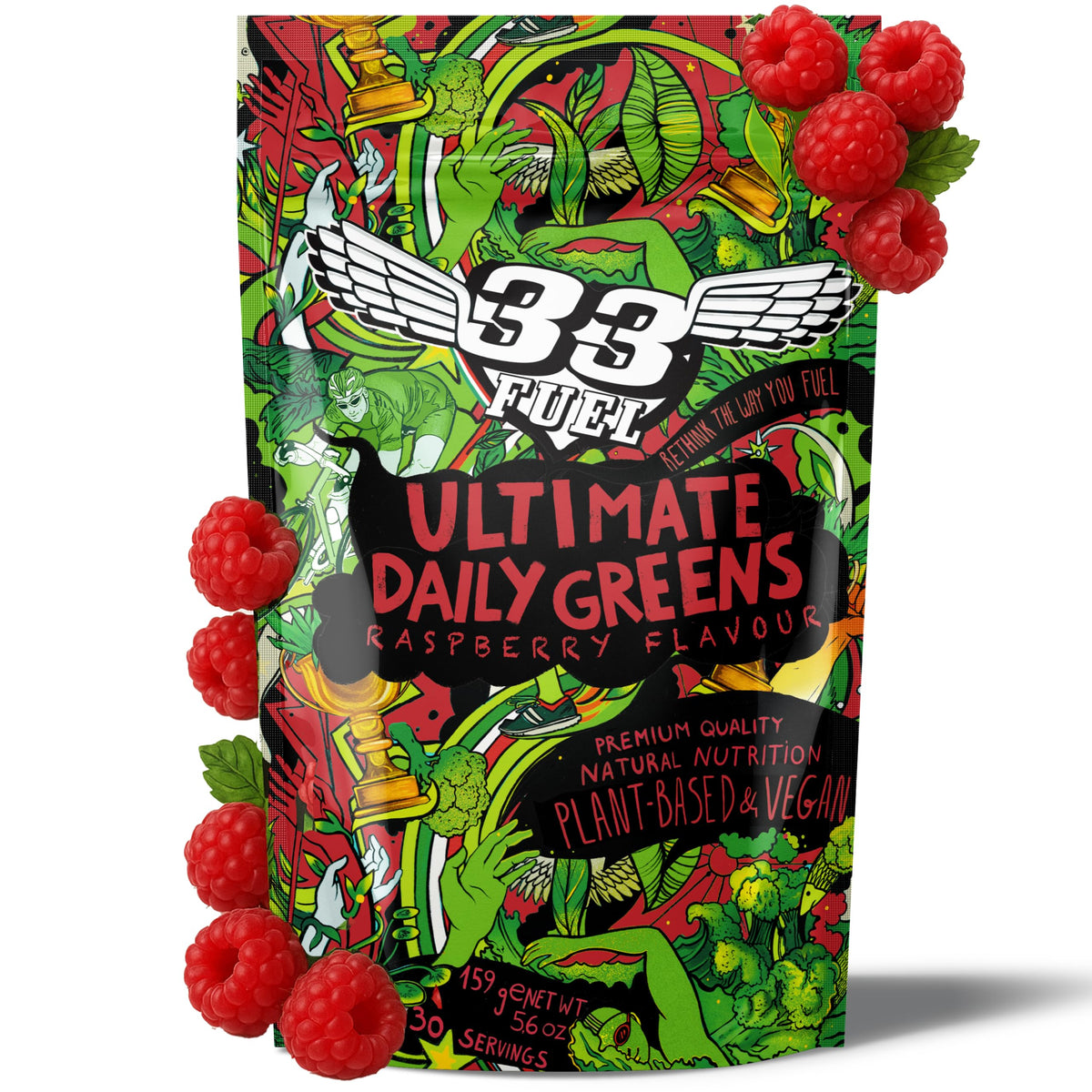33Fuel Daily Greens Powder - UPF-Free Premium Superfood & Fibre Blend for Gut Health with only Natural Ingredients, Daily Greens Super Blend, Vegan, Handmade in The UK – Raspberry