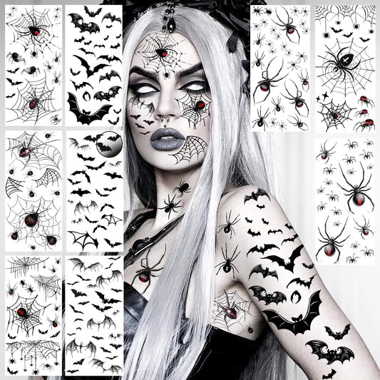 LAROI 9 Sheets Halloween Spider Web Face Tattoo Stickers, Bat Spider Fake Half Arm Tattoo Sleeve For Women Men Adults Kids, Scary Spiderweb Witch Makeup for Halloween Face Tattoo Zombie Makeup Kit
