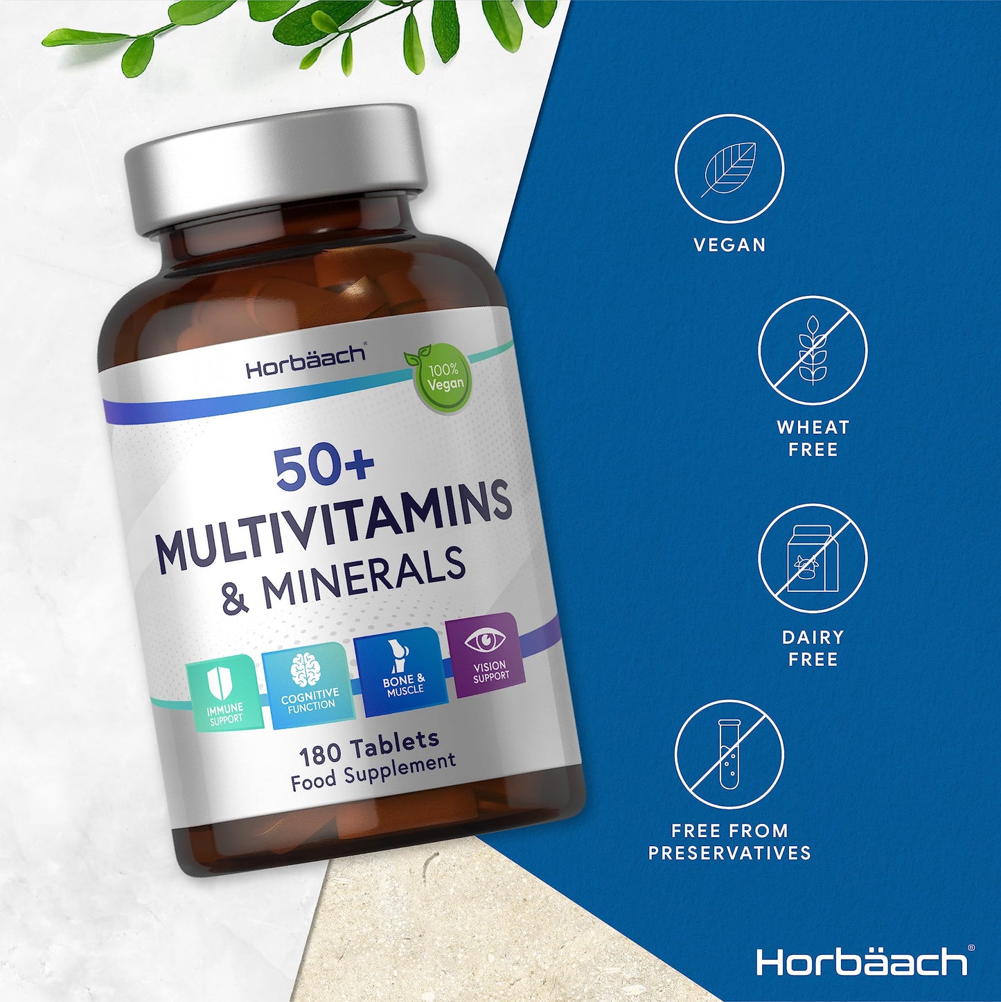 Multivitamin and Mineral Tablets for Adults 50 Plus | 180 Count | with 24 Essential Nutrients for Men and Women 50 + | 100% Vegan | by Horbaach