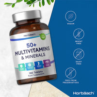Multivitamin and Mineral Tablets for Adults 50 Plus | 180 Count | with 24 Essential Nutrients for Men and Women 50 + | 100% Vegan | by Horbaach