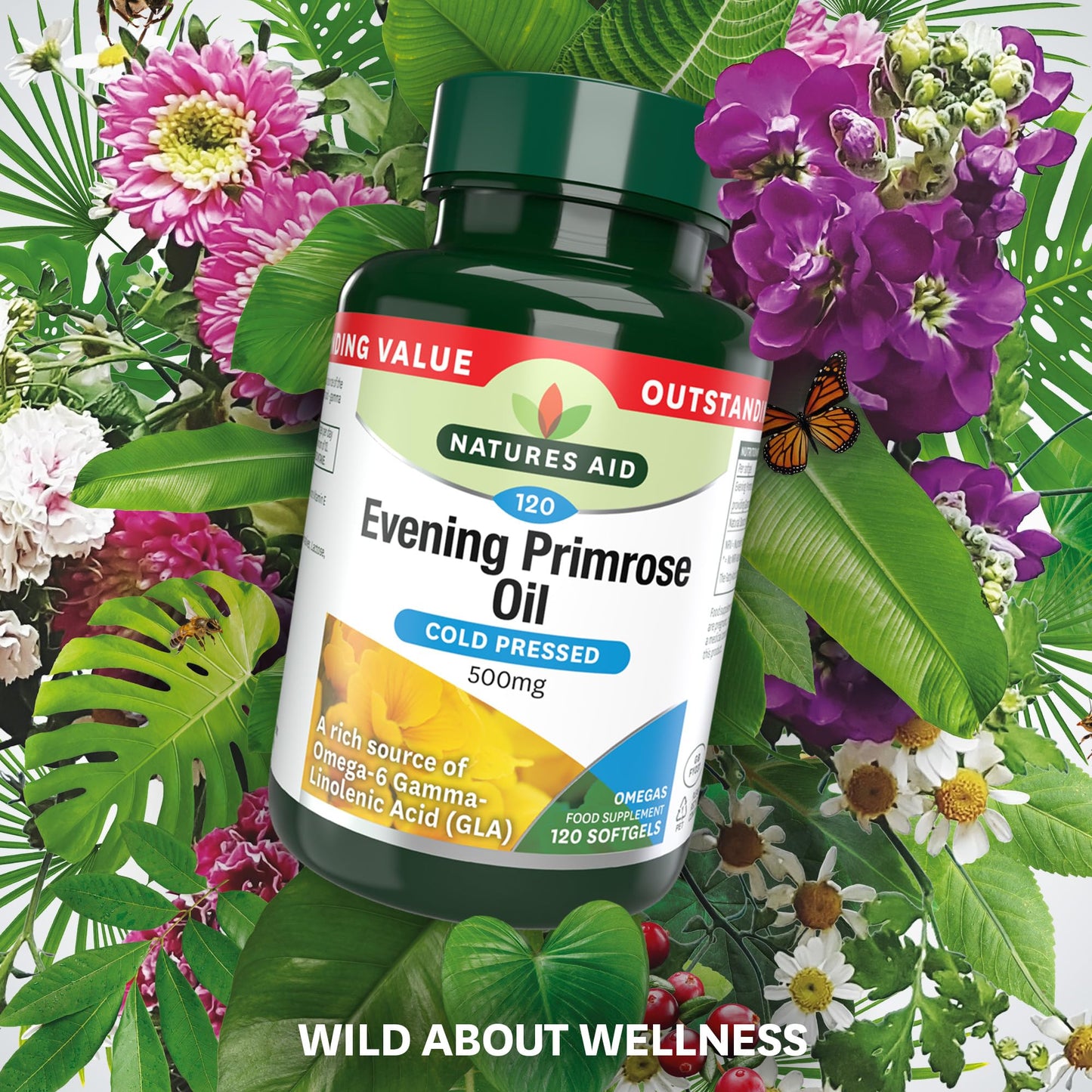 Natures Aid Evening Primrose Oil 500mg – Cold Pressed Omega-6 GLA – Supports Hormonal Balance, Skin Health & Anti-Inflammatory Function – Non-GMO, Gluten-Free – 120 Softgels