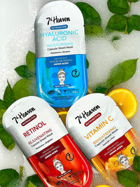 7th Heaven Nutriactive Skincare - 3 Face Sheet Masks - Hyaluronic Acid, Vitamin C and Retinol