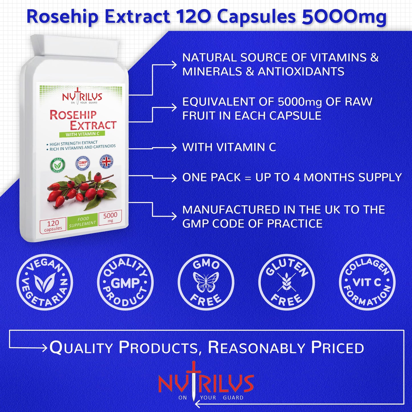 Nutrilus Rosehip Extract 120 Capsules 5000mg - High Strength Vegan Supplement - Rosa canina with Vitamin C - Bones & Cartilage - UK Made
