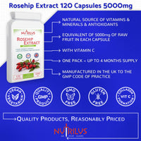 Nutrilus Rosehip Extract 120 Capsules 5000mg - High Strength Vegan Supplement - Rosa canina with Vitamin C - Bones & Cartilage - UK Made