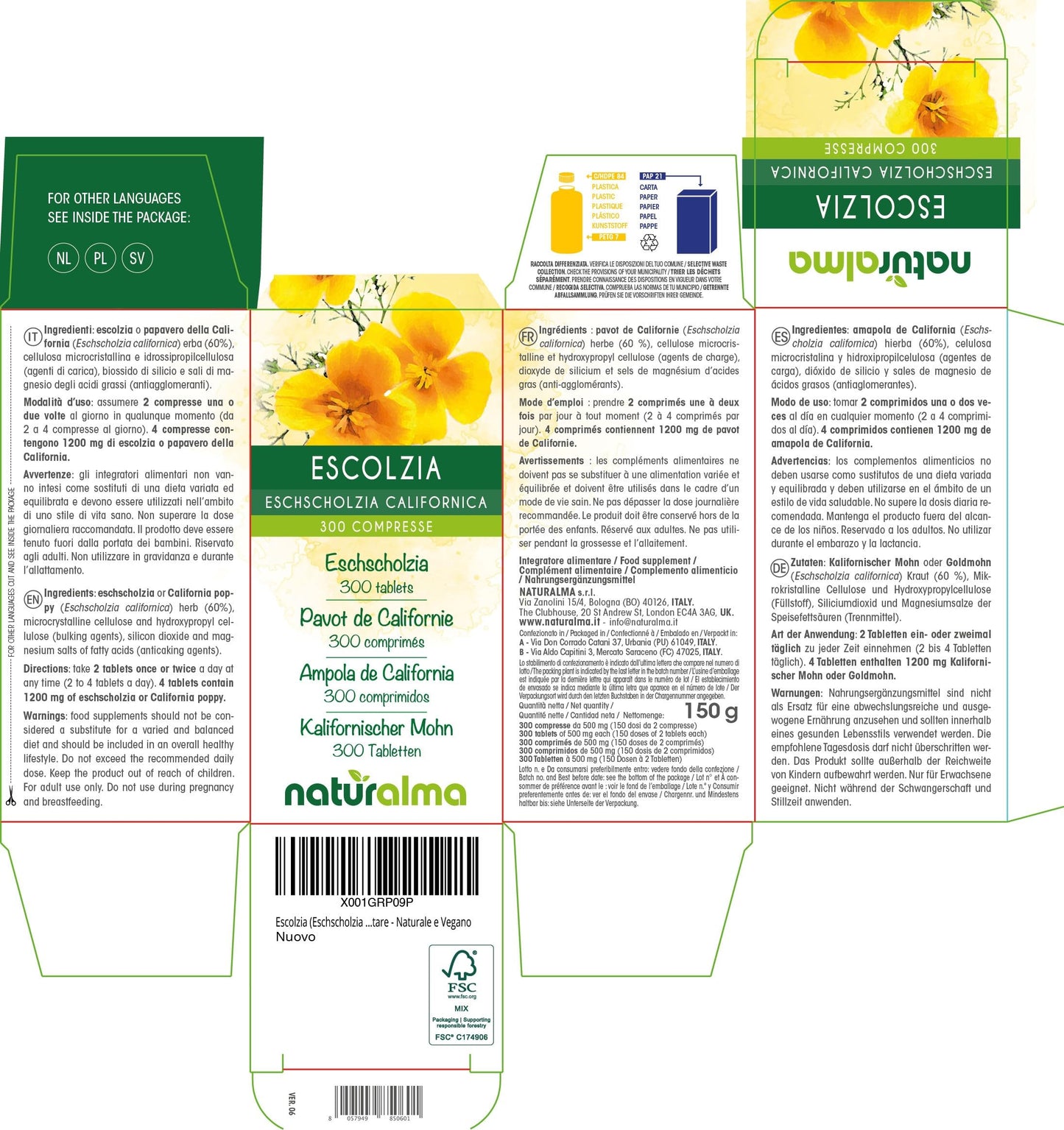 Eschscholzia (Eschscholzia californica) herb Naturalma - 150 g - 300 Tablets - Food Supplement - Natural and Vegan
