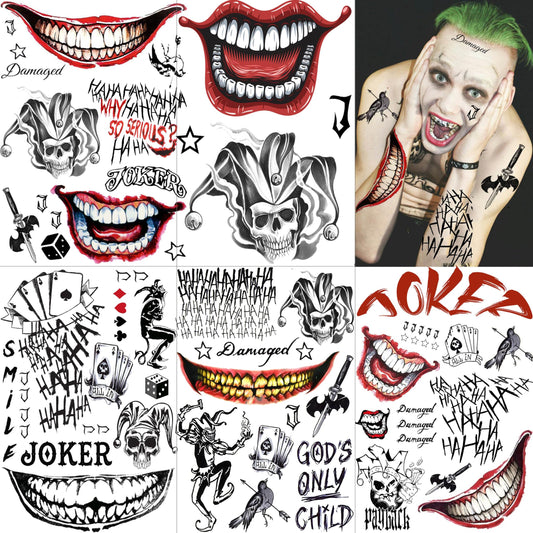 LAROI 5 Sheets 3D Joker Temporary Tattoos For Men Women Men Adults, Fake Joker Tattoo Sticker Halloween Makeup Kit, Prisoner Prison Inmate Gothic Rave Party Accessories Halloween Face Tattoos Set