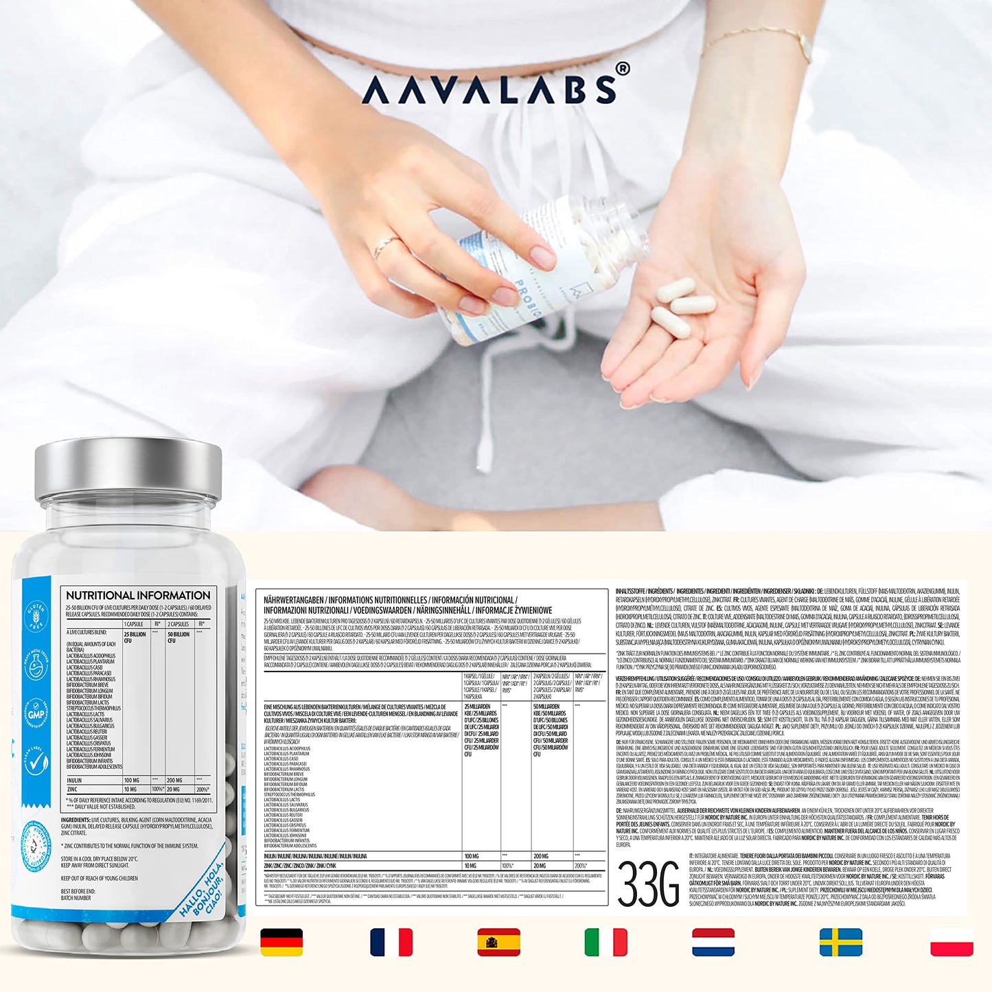 Bio Cultures Complex [ 25-50 Billion CFU ] by AAVALABS - 20 Bacterial Cultures Per Serving - Including Lactobacillus Reuteri, Lactobacillus Gasseri, Lactobacillus Acidophilus - with Zinc and Inulin
