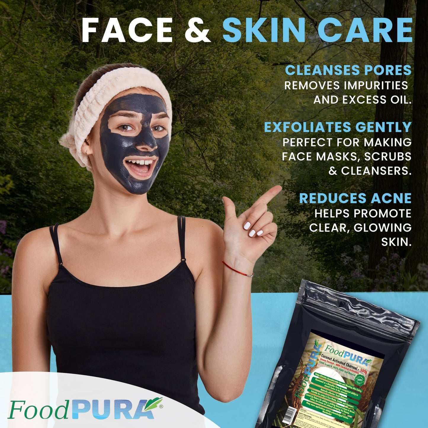 FoodPURA 100g Coconut Activated Charcoal Powder – 100% Pure Food Grade Coconut Charcoal – Ultra Fine Steam Activated Powder for Teeth Whitening, Face Masks, Detox, Smoothies & Beauty Use – Vegan