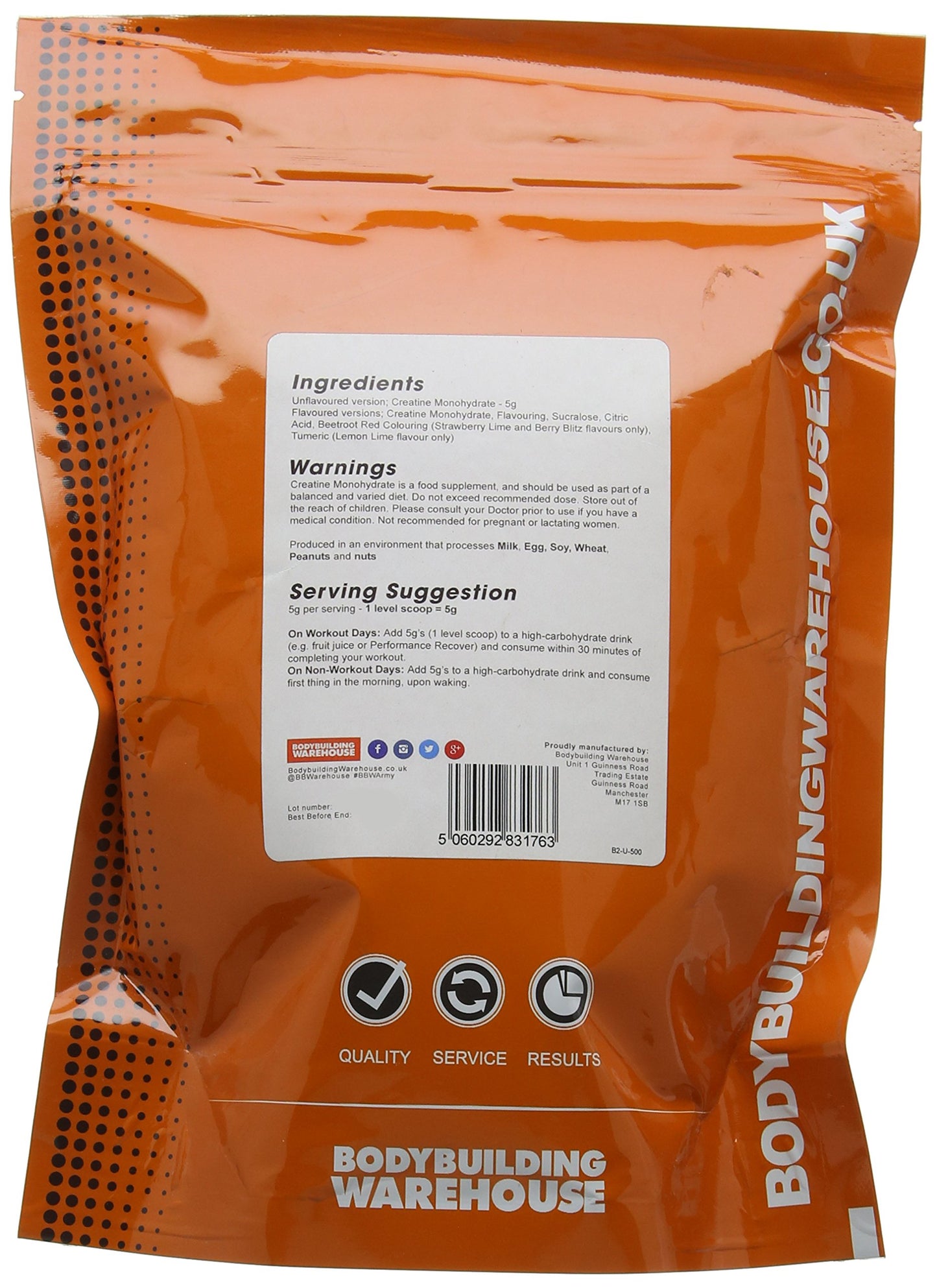 Pure Creatine Monohydrate Powder - Unflavoured 500g - for Strength, Performance & Recovery - Bodybuilding Warehouse