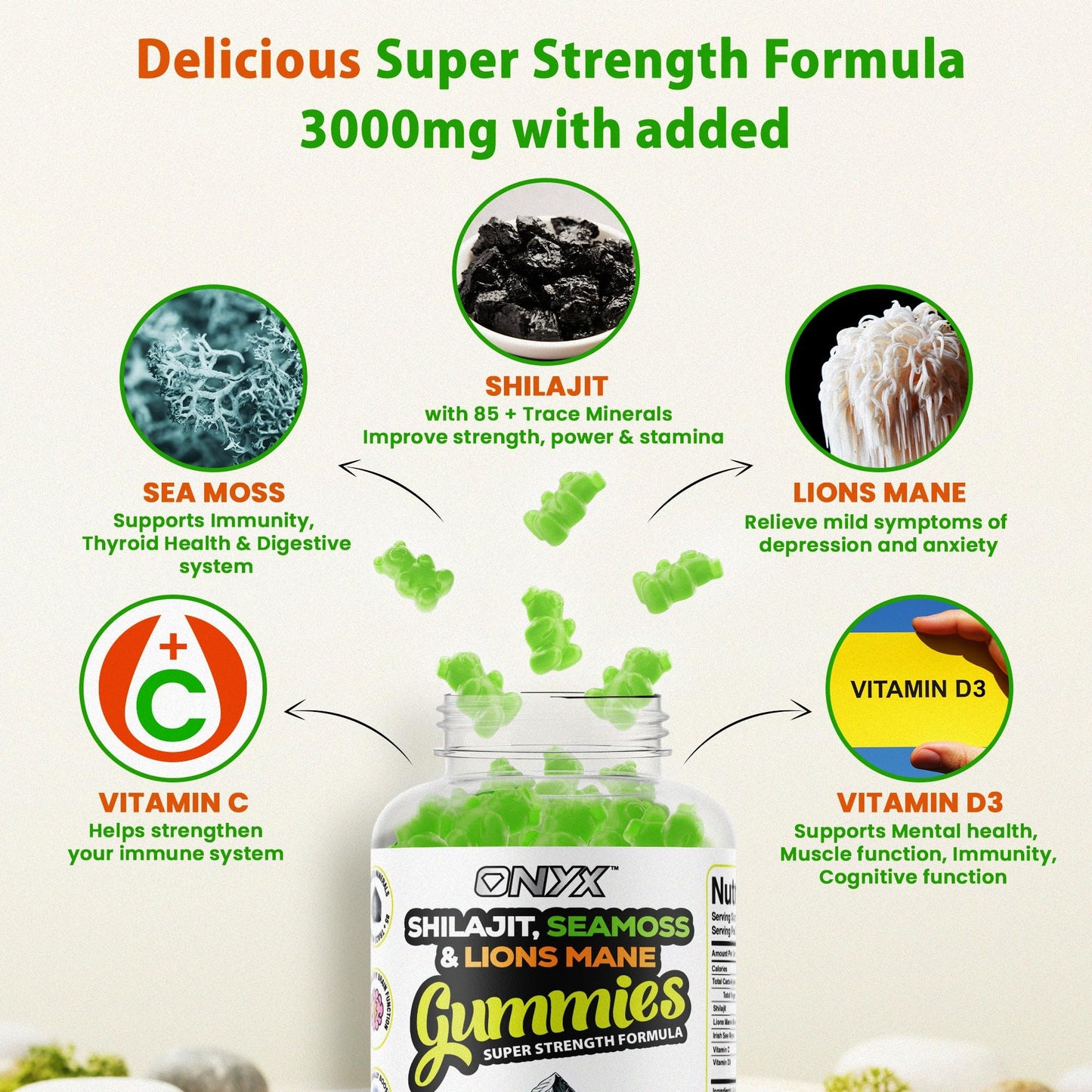ONYX NUTRA Shilajit, Sea Moss & Lion's Mane Gummies - 3000mg Adaptogen Blend with Vitamin D3 & C - 3 in 1, Immune Support & Energy Booster 85+ Trace Minerals - Vegan Friendly- 120 Gummies (60 Servings)