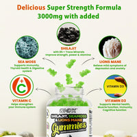ONYX NUTRA Shilajit, Sea Moss & Lion's Mane Gummies - 3000mg Adaptogen Blend with Vitamin D3 & C - 3 in 1, Immune Support & Energy Booster 85+ Trace Minerals - Vegan Friendly- 120 Gummies (60 Servings)