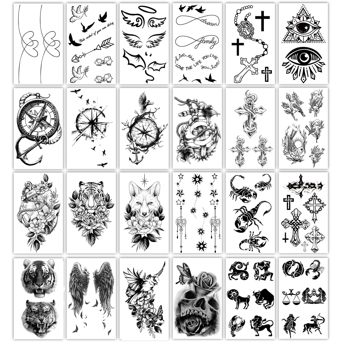 Yazhiji 36 Sheets Temporary Tattoos Stickers, 12 Sheets Fake Body Arm Chest Shoulder Tattoos for Men or Women with 24 Sheets Tiny Black Temporary Tattoos.