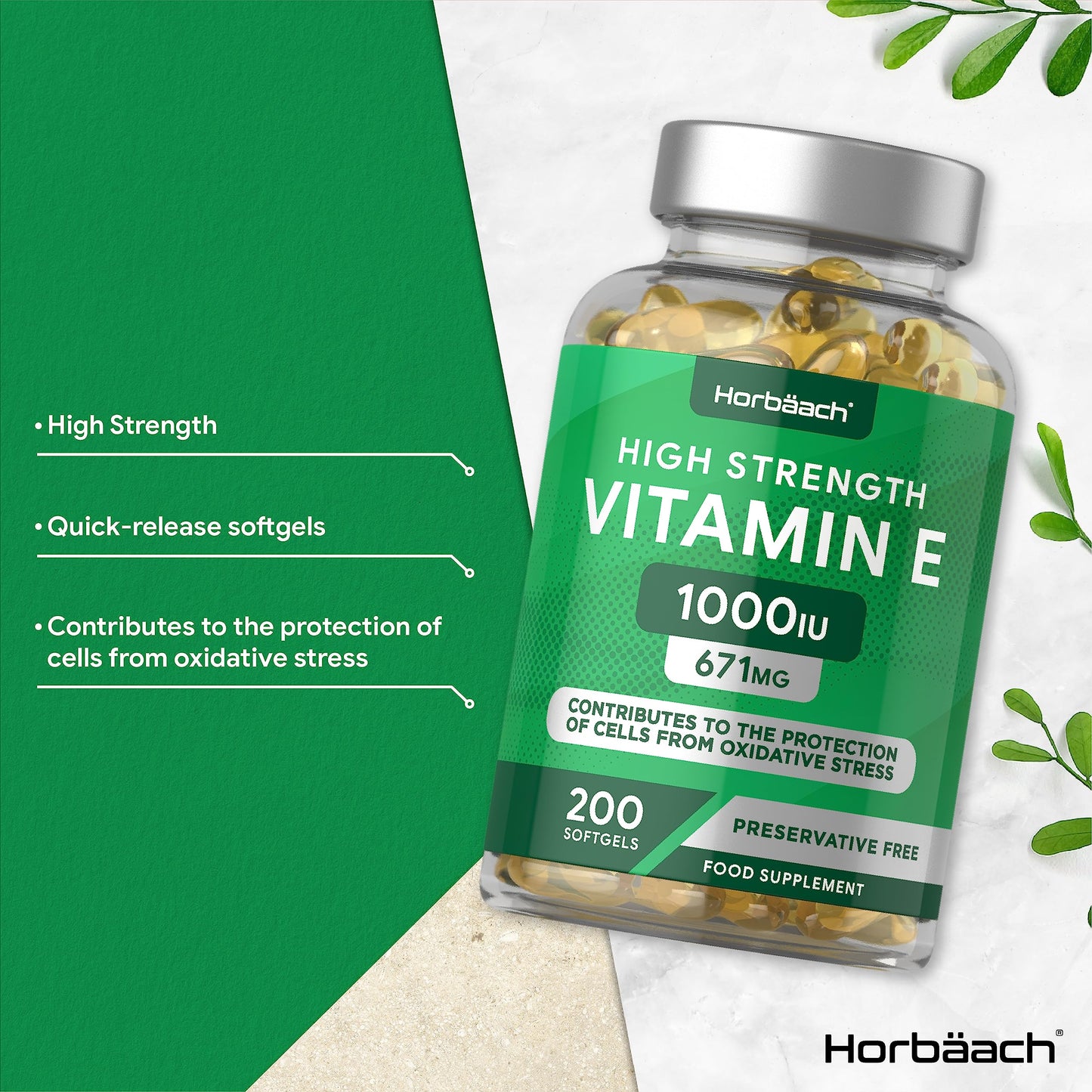 Vitamin E Capsules 1000iu | 200 Count | Protection of Cells from Oxidative Stress | Preservative Free | by Horbaach