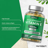 Vitamin E Capsules 1000iu | 200 Count | Protection of Cells from Oxidative Stress | Preservative Free | by Horbaach