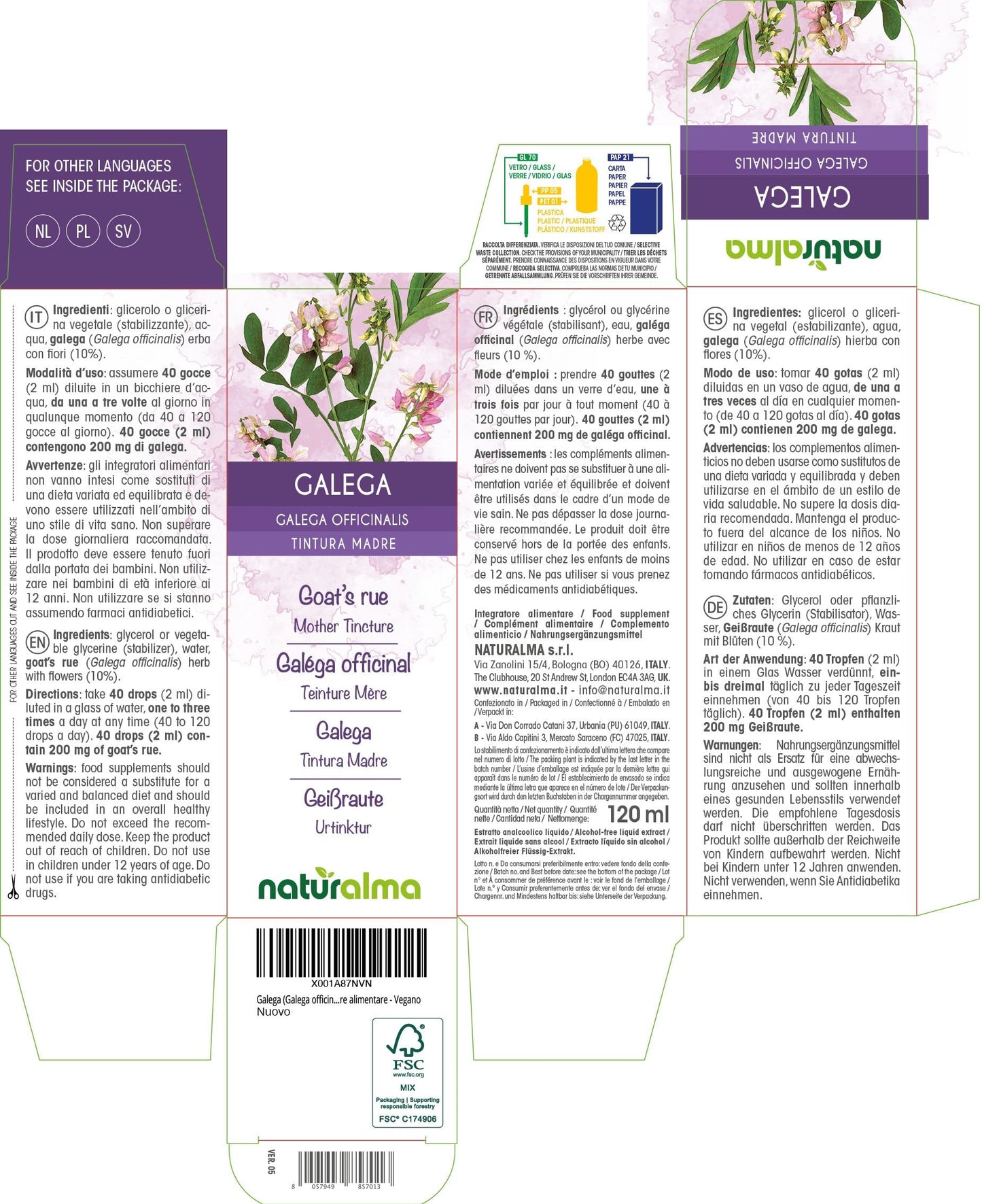 Goat's rue (Galega officinalis) herb with Flowers Alcohol-Free Mother Tincture Naturalma - Liquid Extract Drops 120 ml - Food Supplement - Vegan