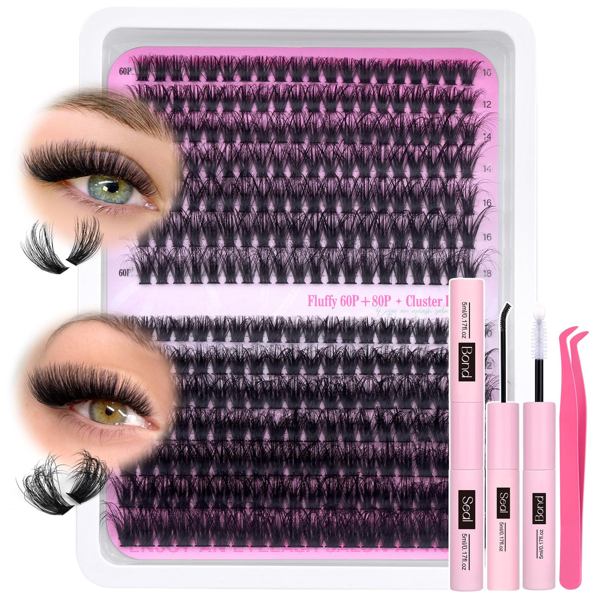 PHKERATA Fluffy Individual Eyelashes Kit 280Pcs Clusters Lashes Kit DIY Lash Extension kit Russian D Curl Lashes Individual Cluster with Lash Bond and Seal Lash Glue,Tweezers (60+80P, 10-18mm Mix)