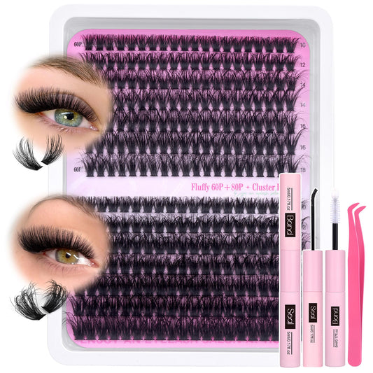 PHKERATA Fluffy Individual Eyelashes Kit 280Pcs Clusters Lashes Kit DIY Lash Extension kit Russian D Curl Lashes Individual Cluster with Lash Bond and Seal Lash Glue,Tweezers (60+80P, 10-18mm Mix)