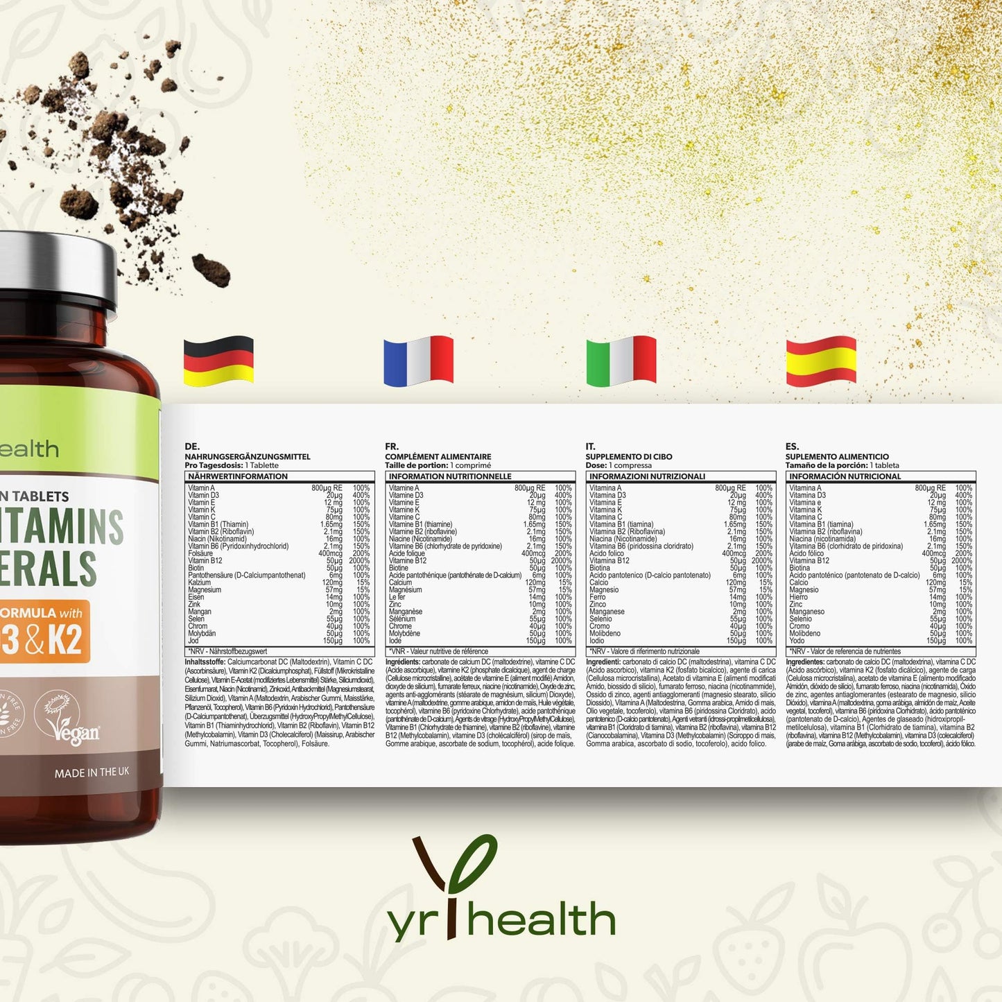 yrhealth Vegan Multivitamins & Minerals with Vitamin B12, D3 & K2, Zinc and Iron, 180 Vegan Society Registered Tablets for Men and Woman, 6 Month Supply - Made in The UK by YrHealth