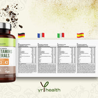 yrhealth Vegan Multivitamins & Minerals with Vitamin B12, D3 & K2, Zinc and Iron, 180 Vegan Society Registered Tablets for Men and Woman, 6 Month Supply - Made in The UK by YrHealth