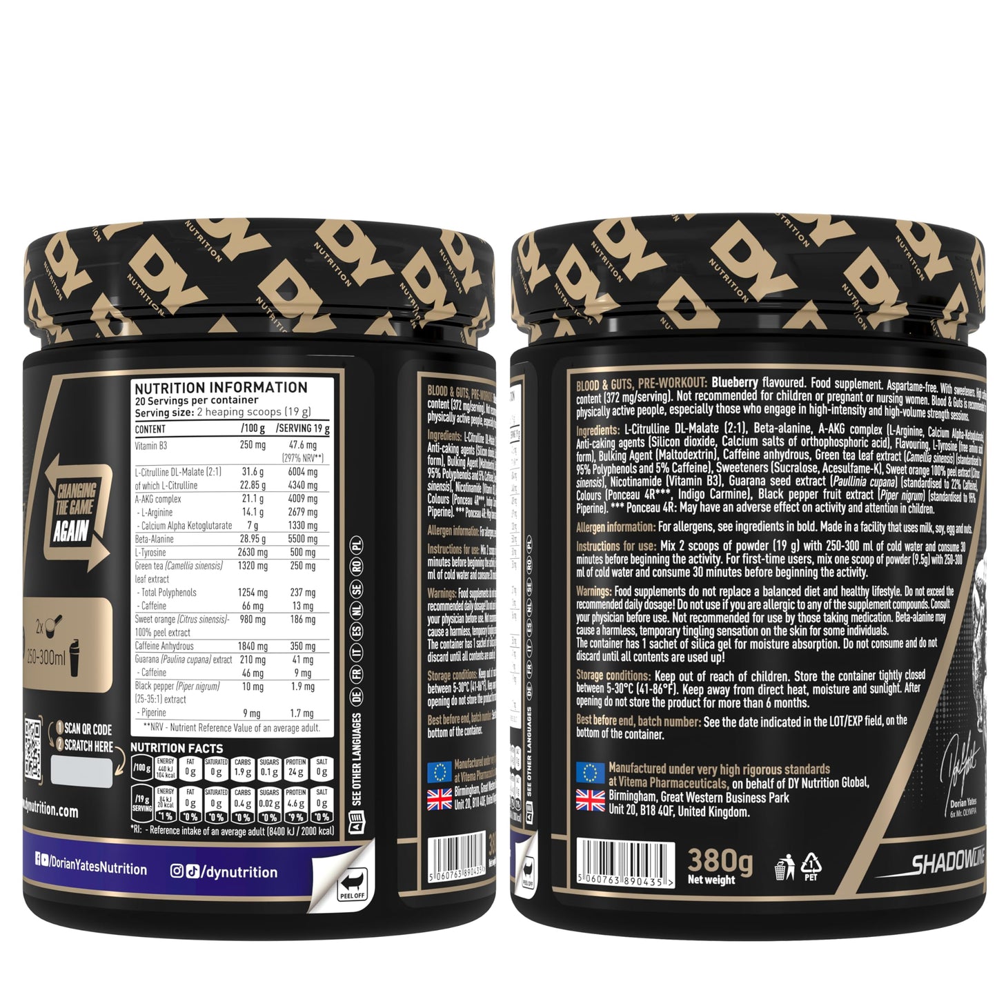 DY Nutrition - Blood & Guts Pre Workout Powder, 380g (Blueberry) - High Strength Preworkout with 350mg Caffeine, Citrulline Malate, Beta Alanine, Arginine AKG, L-Tyrosine, Vitamin B3 for Men & Women