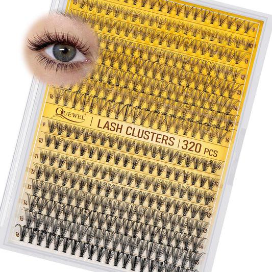 320Pcs Individual Lashes QUEWEL Cluster Lashes 10D+20D C Curl MIX9-16mm Individual Lash Extension Lash Clusters DIY Eyelash Extensions For Home Use (10D+20D C MIX9-16mm)