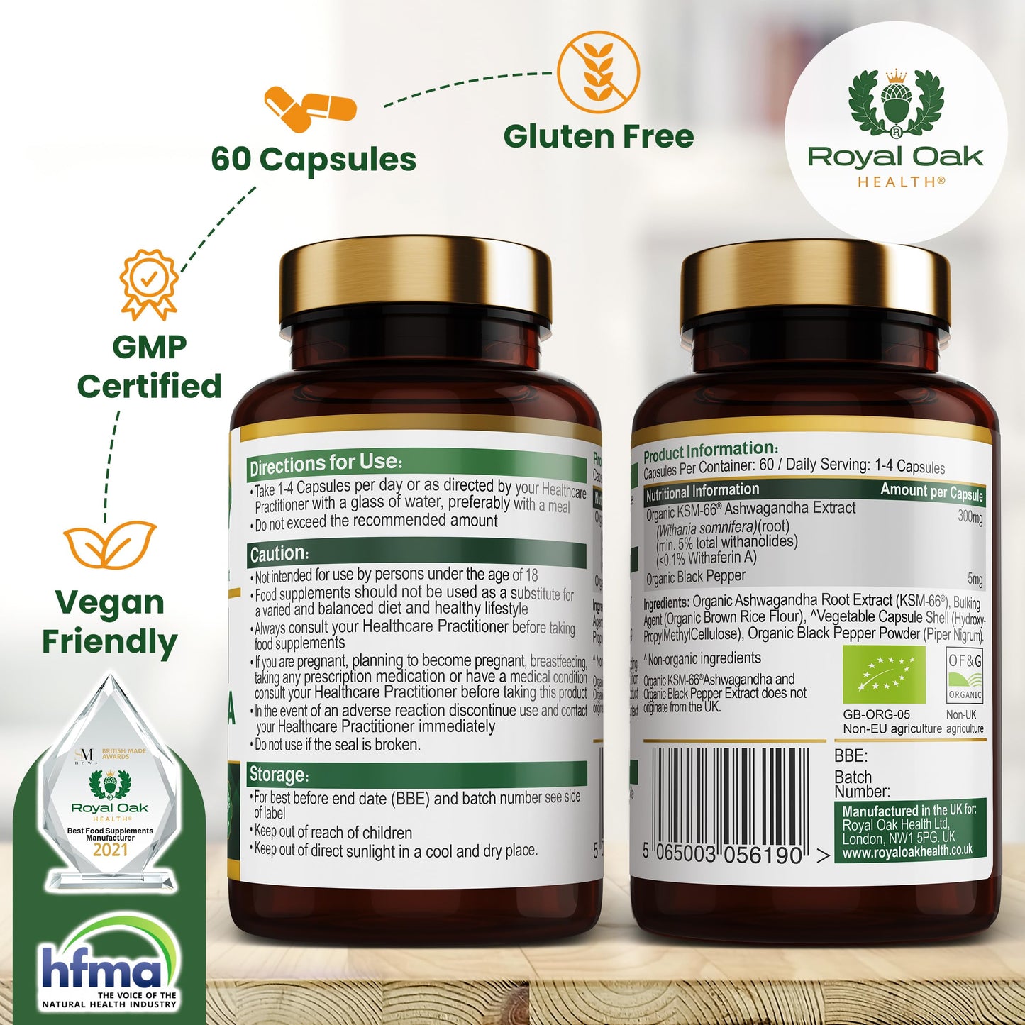 Organic High Concentration Full Spectrum KSM-66 ASHWAGANDHA with 5% Withanolides and Black Pepper, Made in Britain by Royal Oak Health, 60 Capsules