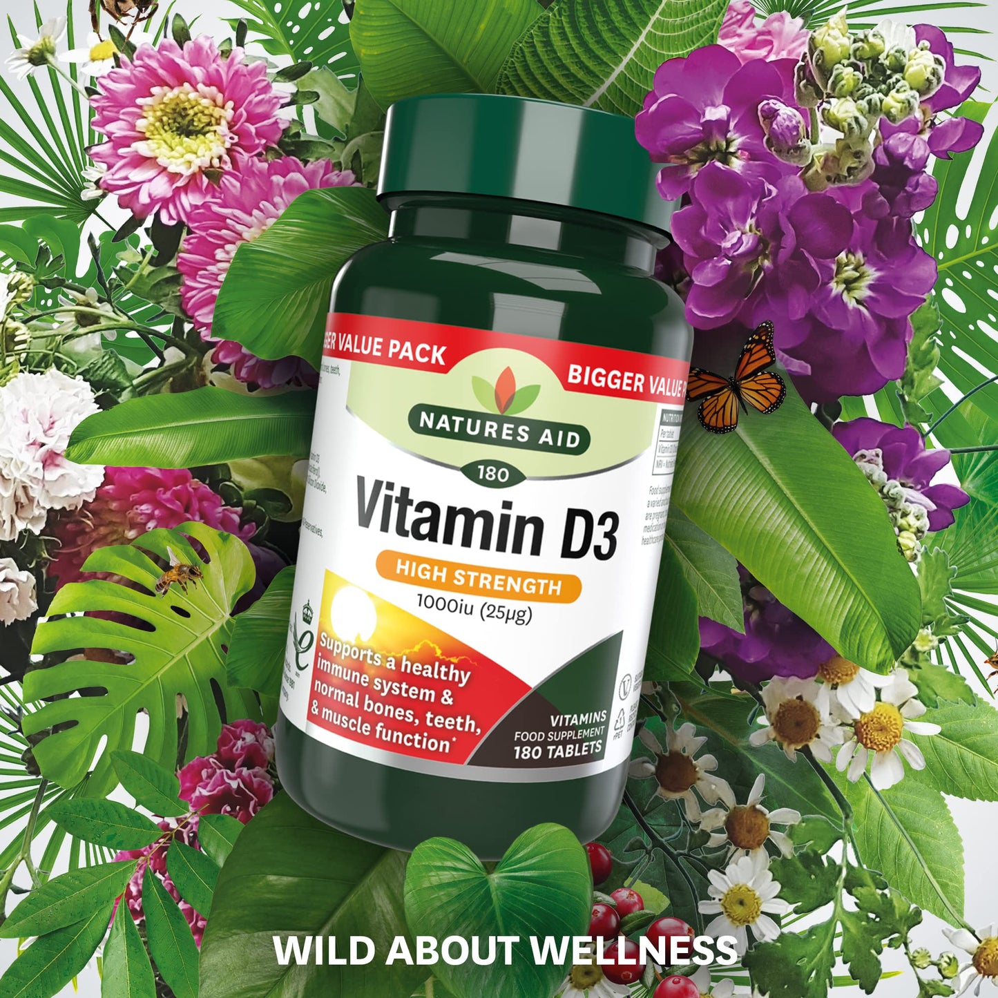 Natures Aid Vitamin D3 1000iu – High Strength Supplement for Bone, Muscle & Immune Support – Vegan, Non-GMO, Gluten-Free – Essential Nutrient – 180 Tablets